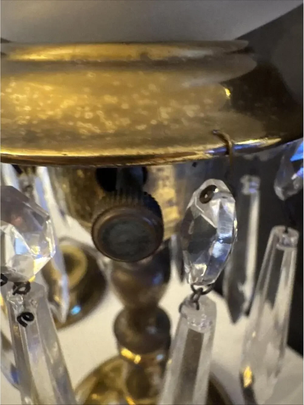 VTG MCM Pair of Electrified Boudoir Brass Hurricane Lamps With Hanging Crystals
